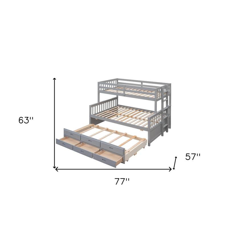 HomeRoots Gray Twin Over Full Solid Wood Bunk Bed With Drawers And Trundle And Storage
