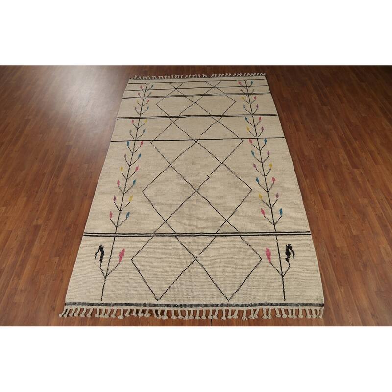 Beige / Ivory Moroccan Area Rug Hand-Knotted Wool Carpet - 6'0"x 9'7"