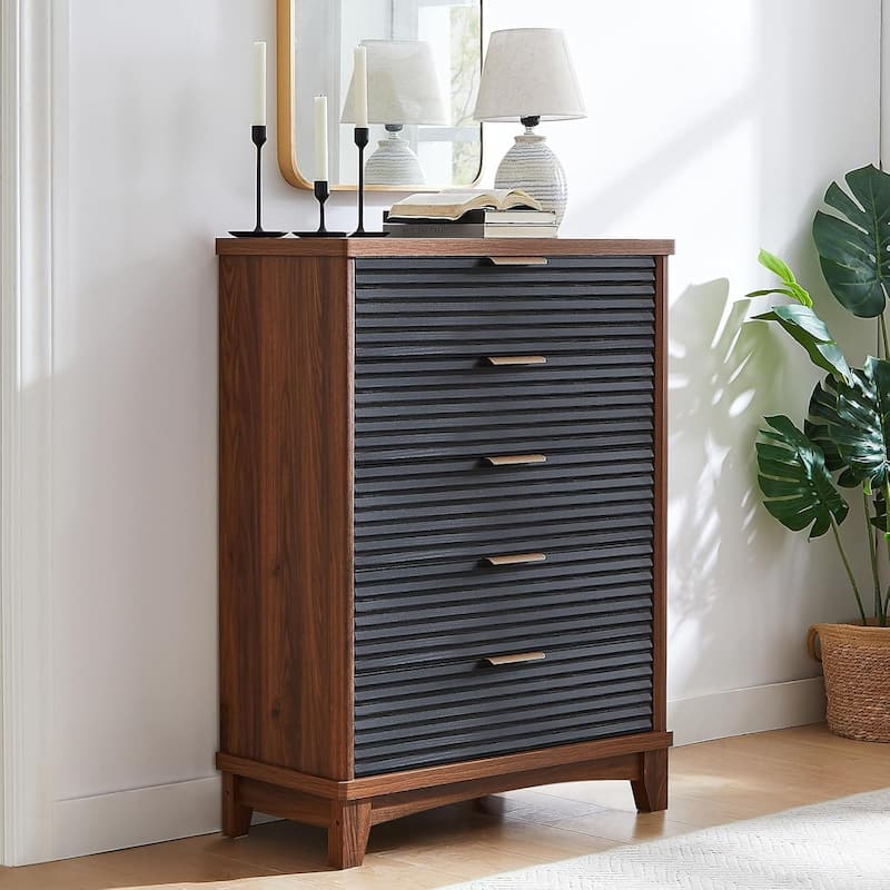 Wooden Drawers Dresser with Charging Station Dresser for Bedroom Chest of Drawers - 	Black&brown - 5-drawer