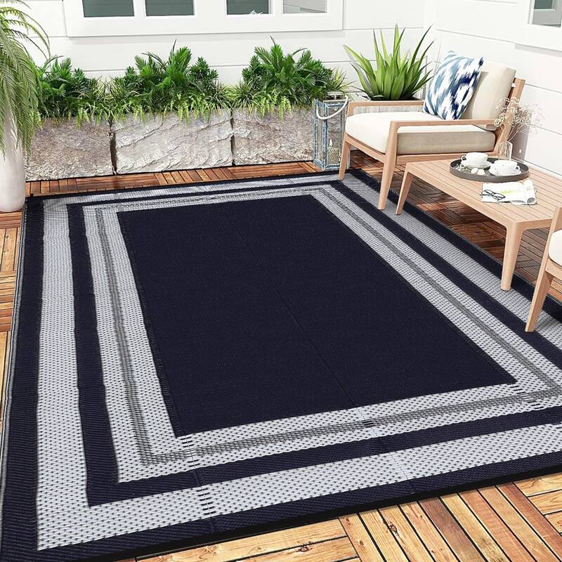 Outdoor Plastic Straw Rug Waterproof Outdoor Rug Reversible Plastic Camping Rugs for Patio Porch Deck Backyard - 9'x12' - Black Blue