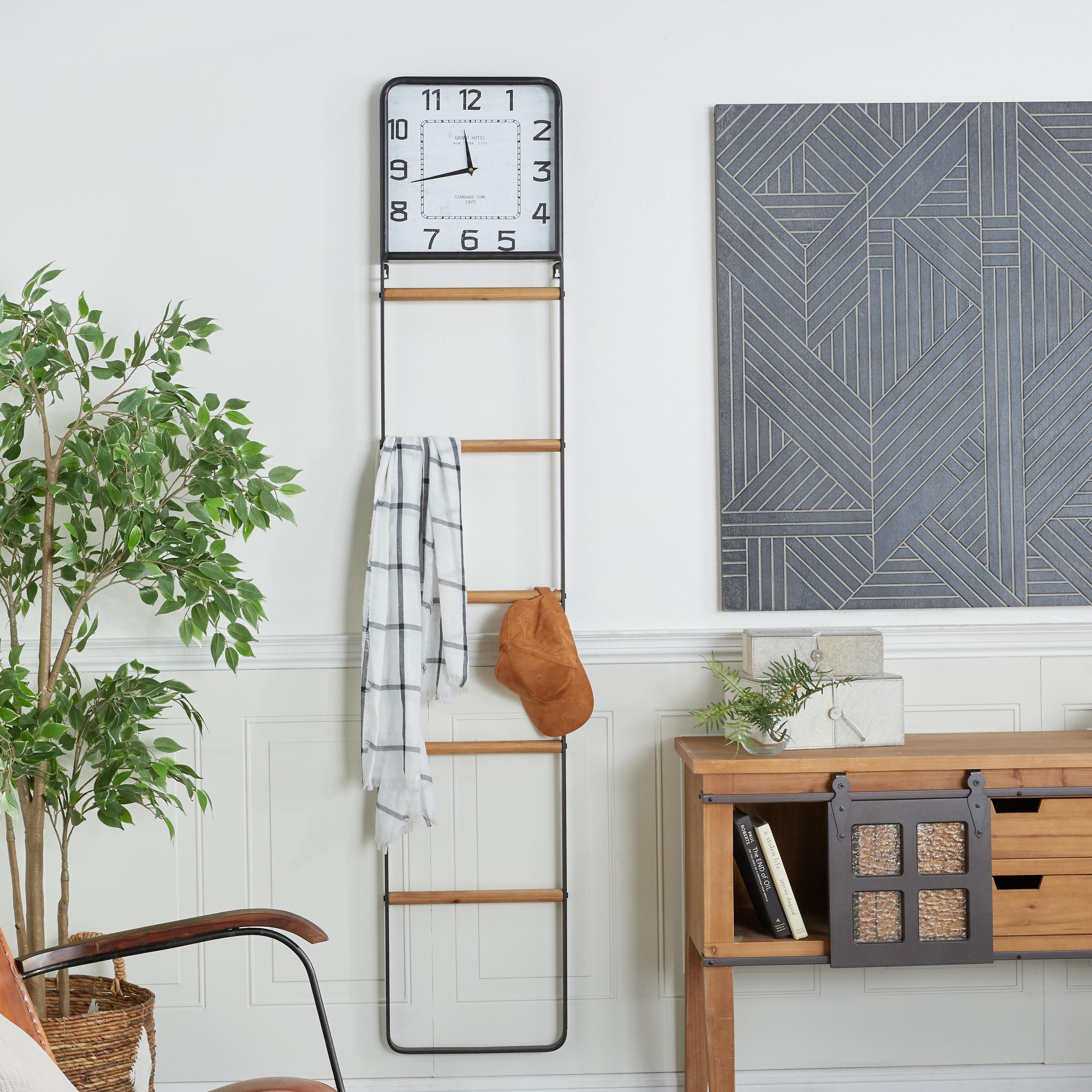 Black Metal 5 Rack Decorative Ladder with Clock