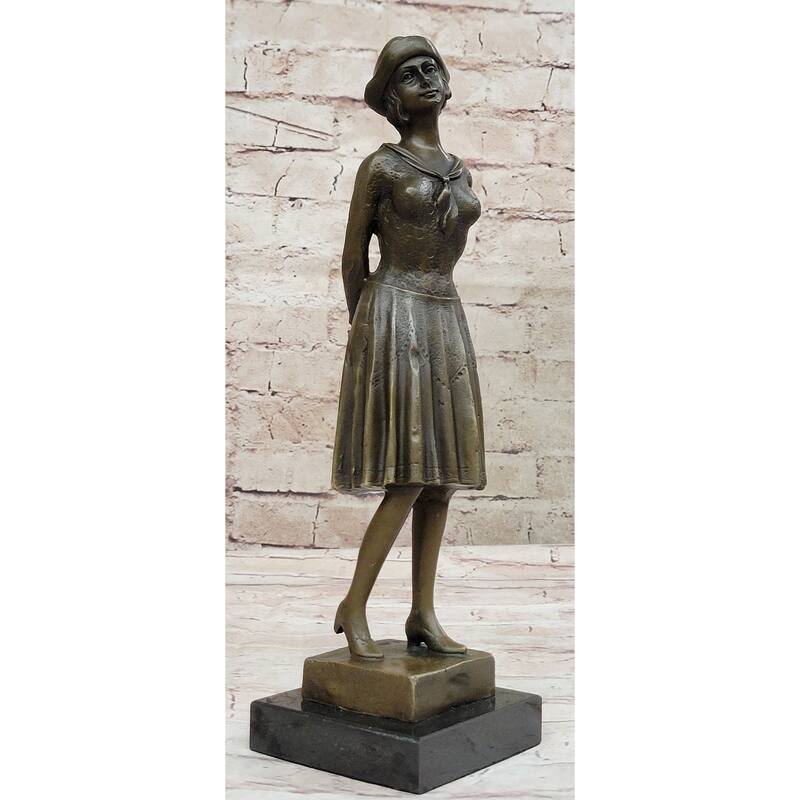 Art Deco Period Girl In Hat Bronze Statue Sculpture Figure 11.5 Inches X 3.5 Inches