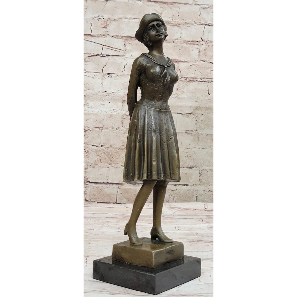 Art Deco Period Girl In Hat Bronze Statue Sculpture Figure 11.5 Inches X 3.5 Inches