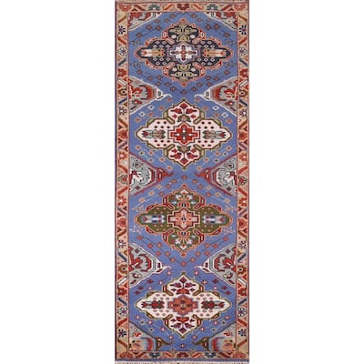 Geometric Blue Kazak Oriental Runner Rug Hand-Knotted Wool Carpet - 2'7"x 8'0"