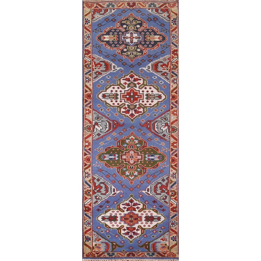 Geometric Blue Kazak Oriental Runner Rug Hand-Knotted Wool Carpet - 2'7"x 8'0"