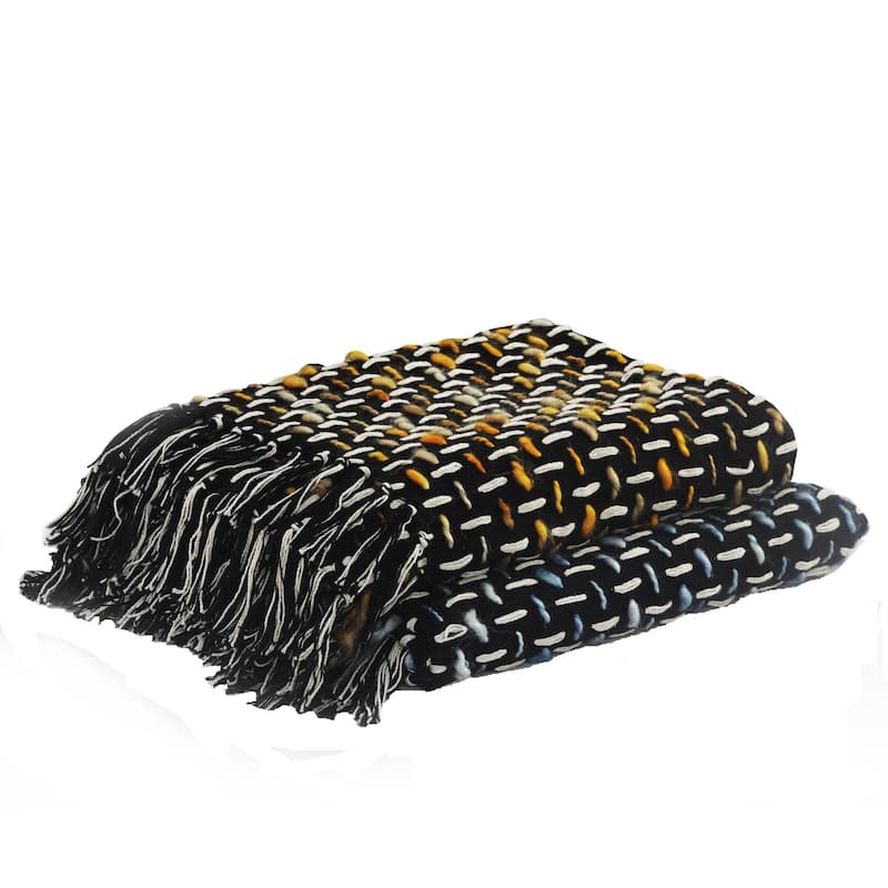 HomeRoots Black and Blue Woven Cotton Geometric Throw Blanket