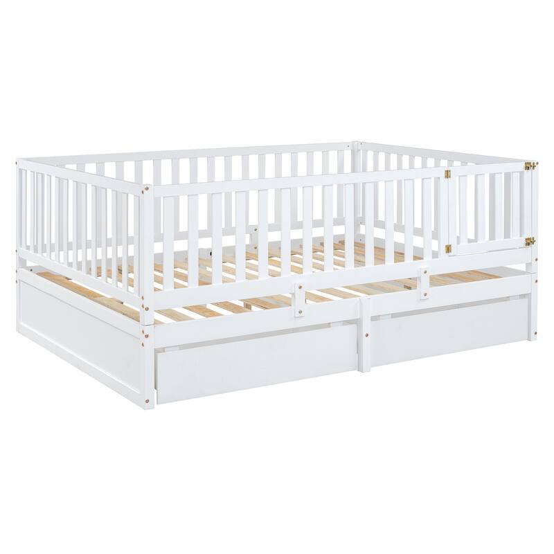 Full Size Wood Daybed with Fence Guardrails and 2 Drawers, Convertible to Floor Bed & Daybed, White