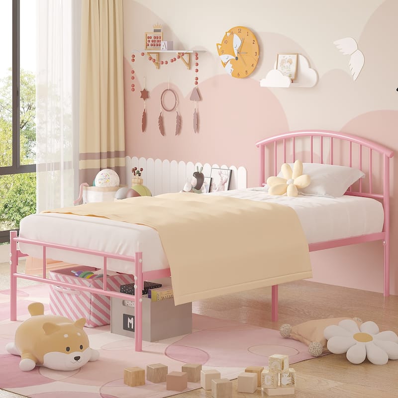 VECELO Kids Bed Frame with Headboard & Metal Slat,Twin Size Bed Set of 2
