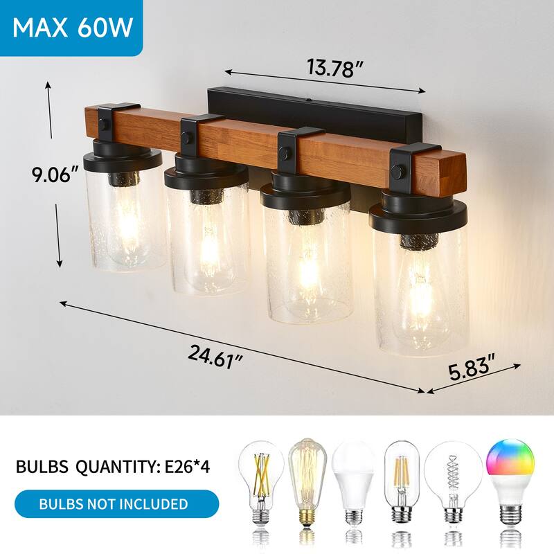 4-Light -Matte Black And Wooden Wall Lamps With Glass Lamp Shade (No Bulbs) For Dinning Room Hallway Bedroom