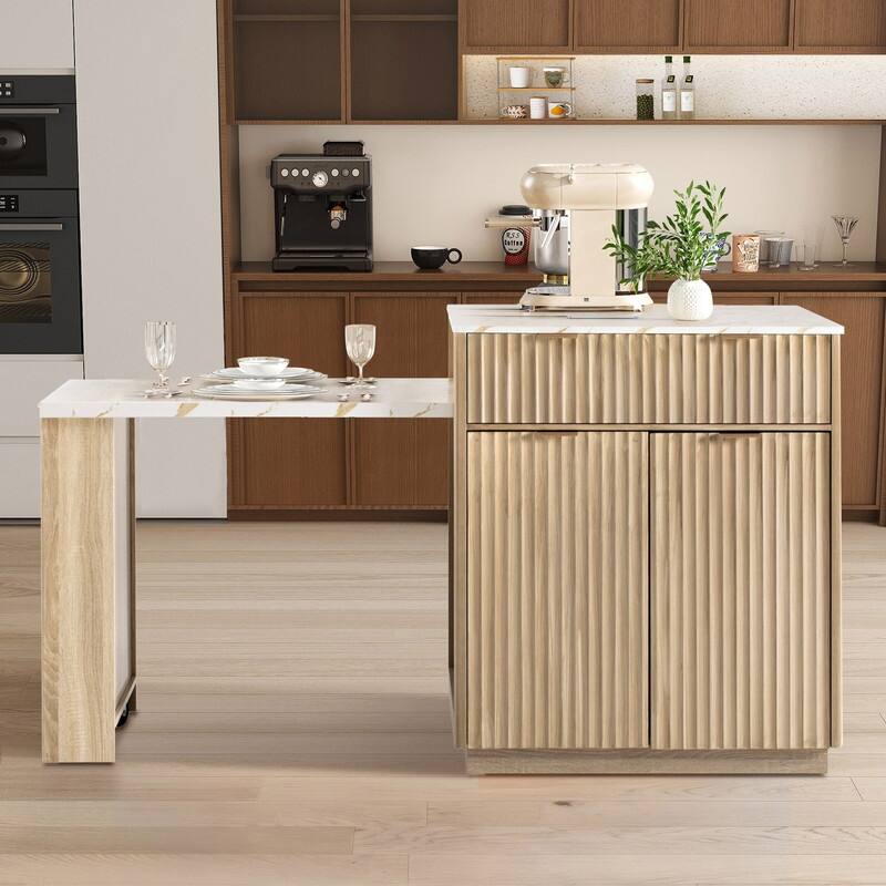 82.6" Fluted Kitchen Island with Extendable Dining Table and Power Outlet for Modern Kitchen Spaces - Natural