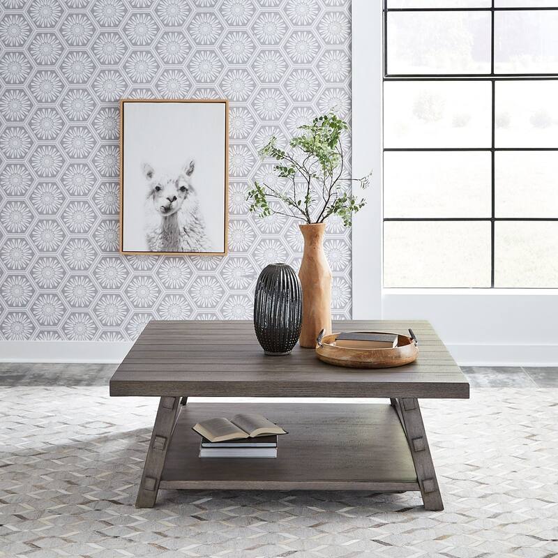 Modern Farmhouse Dusty Charcoal Distressed Oversized Square Cocktail Table - Veneer