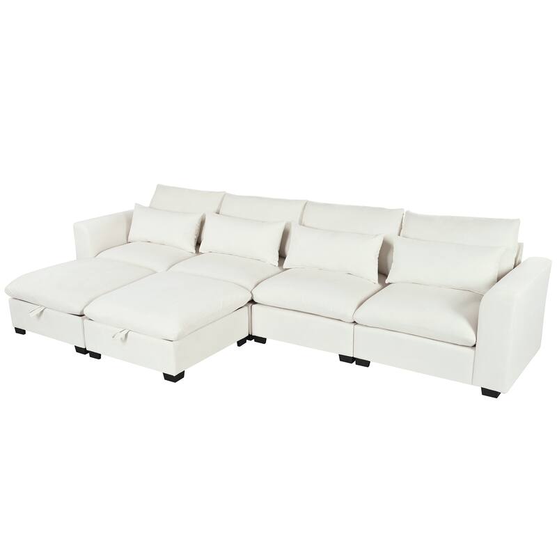 132.3" Linen Blend U-Shaped Modular Sectional Sofa with 2 Ottomans, Transformable Design and Hidden Storage