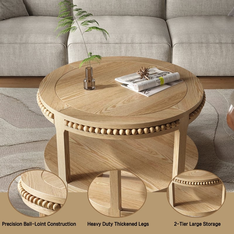 Round Solid Wood Coffee Table, Two-Tier Design with Sturdy Construction for Living Room Elegance