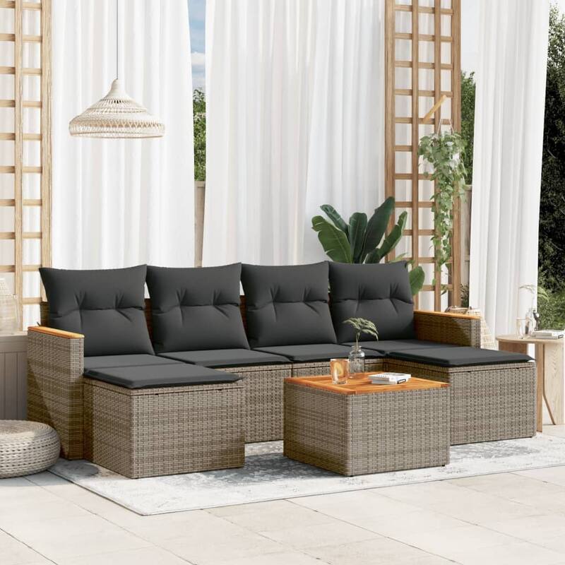 vidaXL Patio Sofa Set with Cushions Outdoor Conversation Furniture Poly Rattan - Gray with table - 21.7" x 24.4" x 27.2"