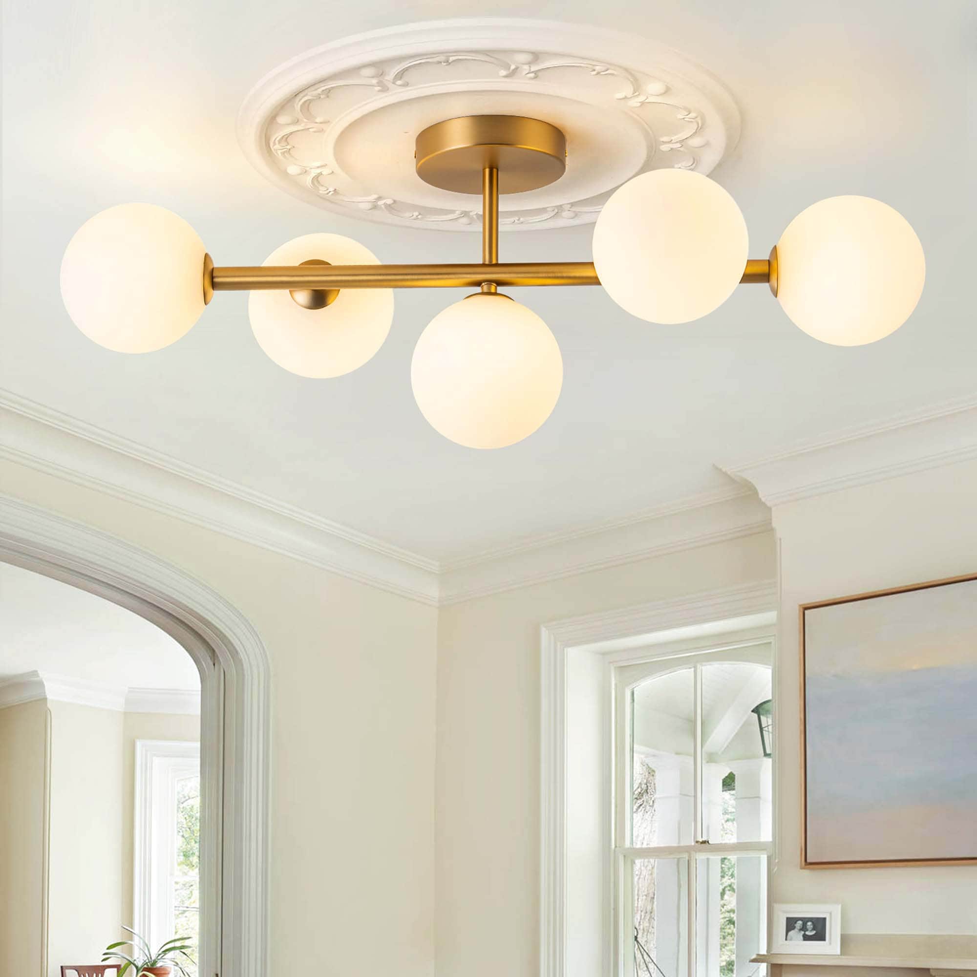 5-Light 26 in. Linear Semi Flush Mount Light with Frosted Glass
