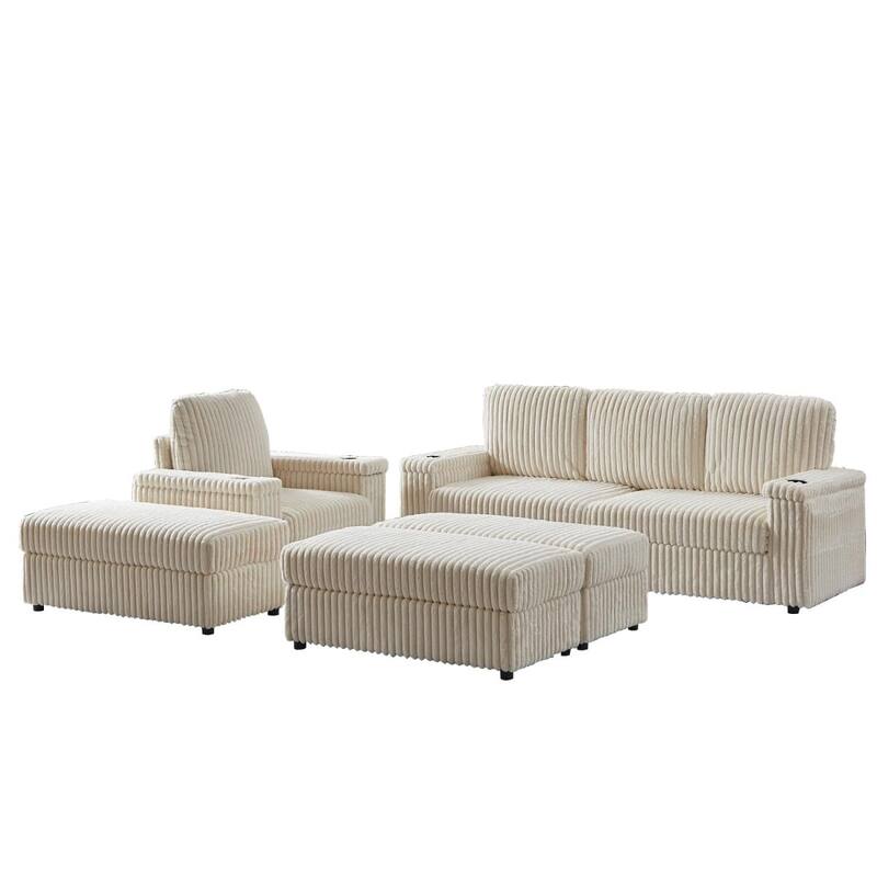 3-seater Modern Sofa with Corduroy Single Sofa, Cup-holding Grooves and 3 Ottomans