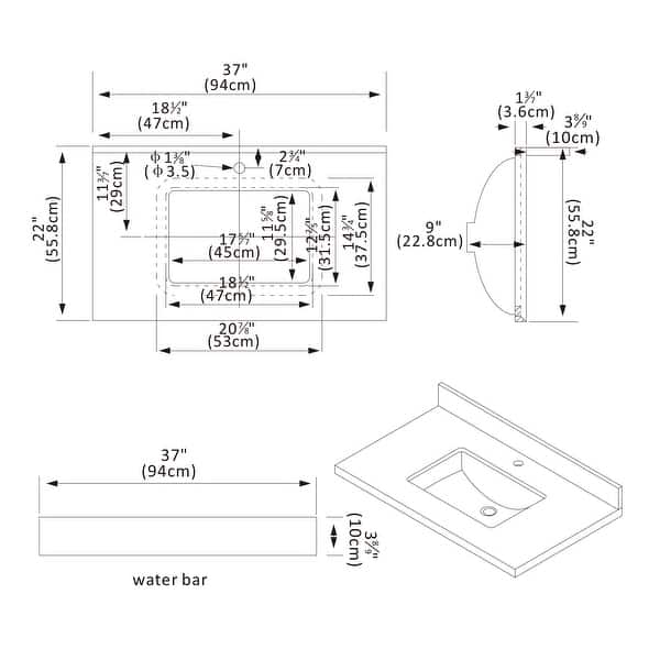 dimension image slide 9 of 22, Malaga Composite Stone Vanity Top with White Rectangular Sink