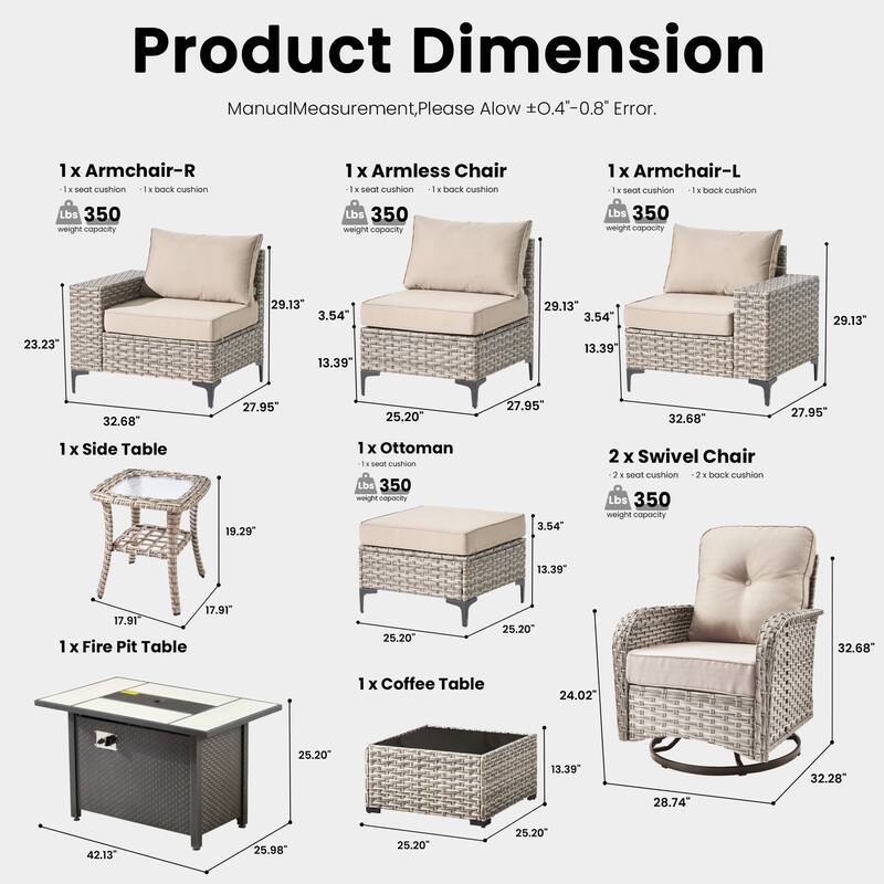 OVIOS 9-Piece Outdoor Chaise Lounge Sofa Set​ With Fire Pit​