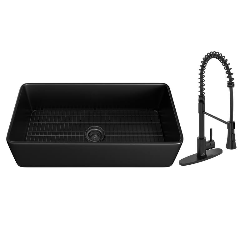 Farmhouse/Apron-Front Single Bowl Fireclay Kitchen Sink with Two-Function Sprinkler Kitchen Faucet, Bottom Grid, and Strainer