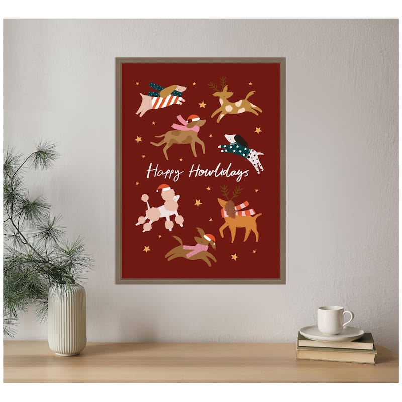Kate and Laurel Sylvie Framed Canvas Happy Howlidays by Aislinn Simmonds Duchess Plum