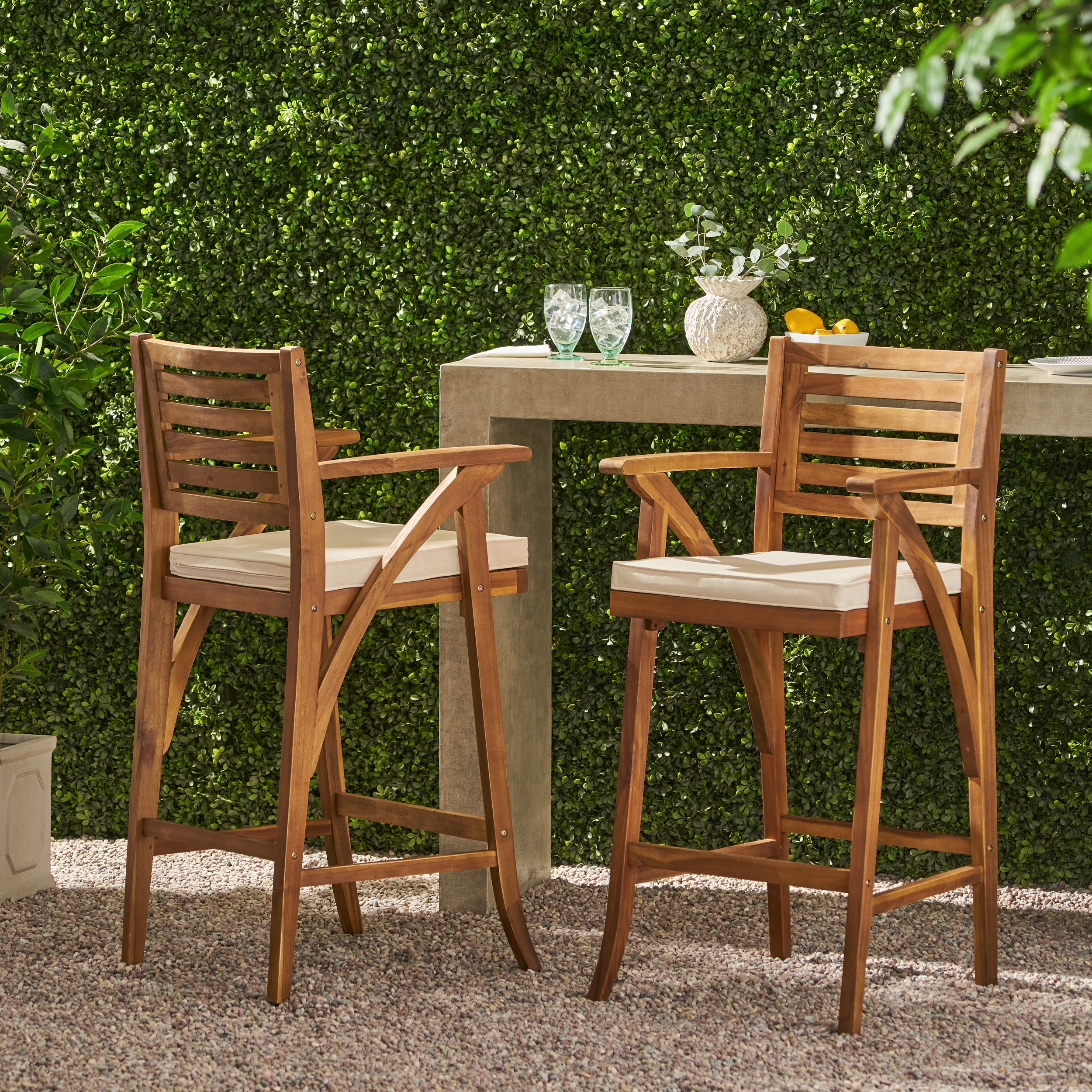 Hermosa Outdoor Acacia Wood Barstool with Cushion Set of 2 by