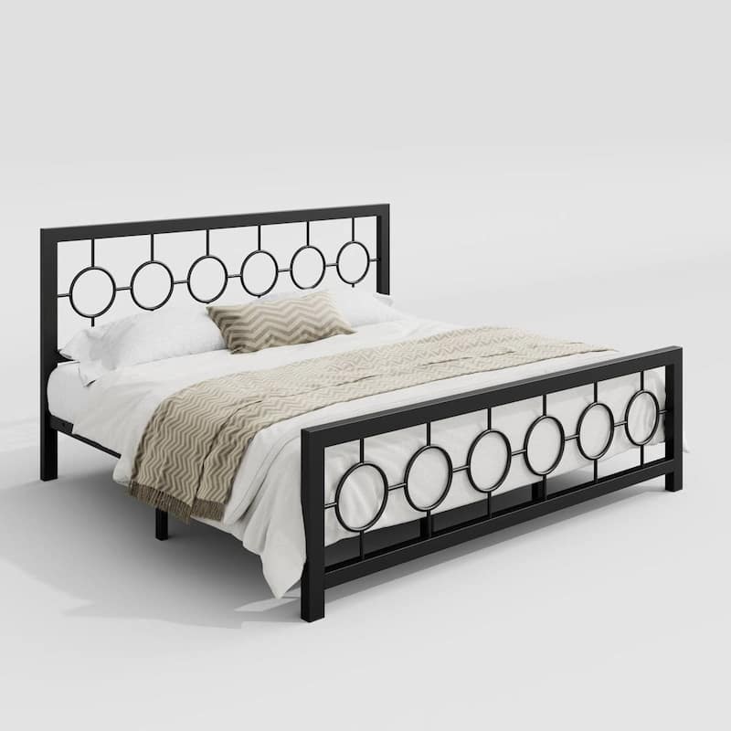 Art Deco Metal Platform Bed Frame with Openwork Headboard and Footboard Modern Iron Slat Support - King