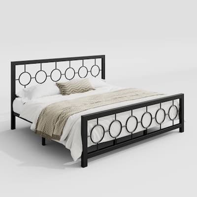 Art Deco Metal Platform Bed Frame with Openwork Headboard and Footboard Modern Iron Slat Support