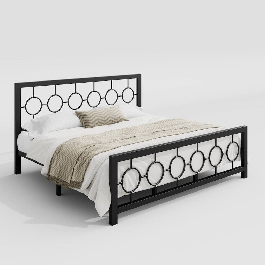 Art Deco Metal Platform Bed Frame with Openwork Headboard and Footboard Modern Iron Slat Support
