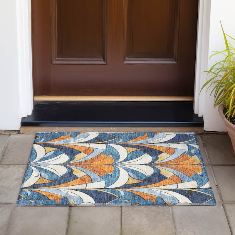 Machine Washable Indoor/Outdoor Modern Mosaic Chantille Rug - Blue - 1'8" x 2'6"