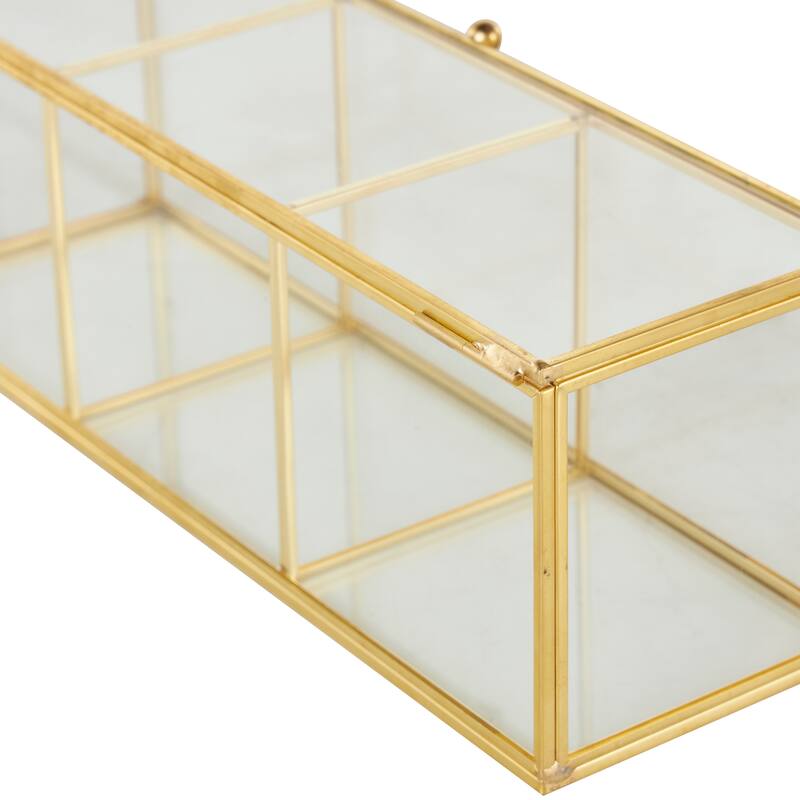 Clear Glass Slim Rectangular 3 Slot Decorative Jewelry Box with Gold Metal Frame and Chain Accent