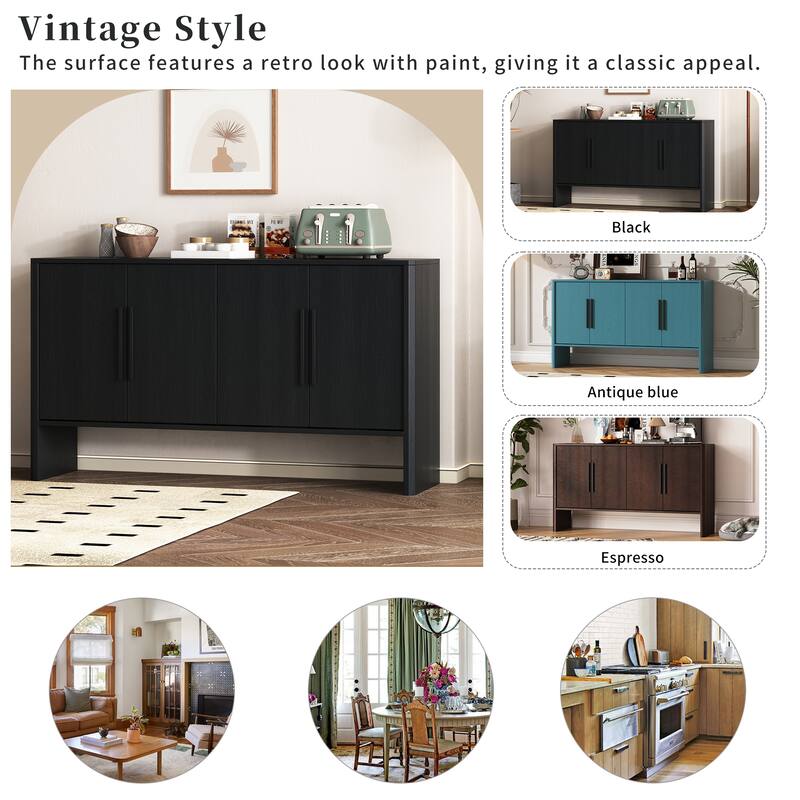 4-Door Retro Sideboard with Adjustable Shelves, Large Storage Cabinet, Antique Blue