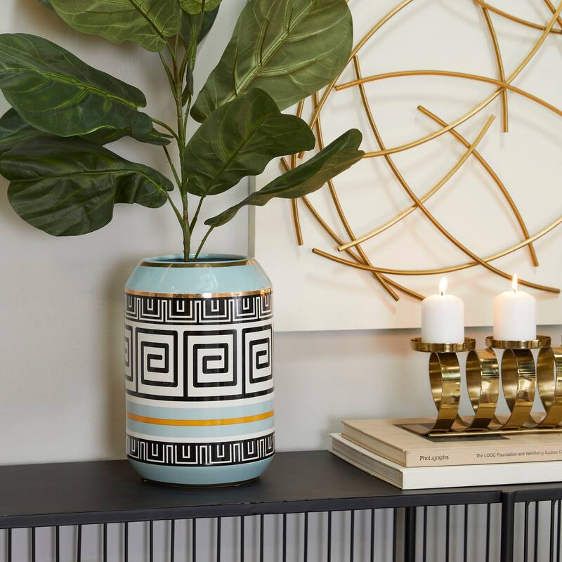 Teal Ceramic Vase Embellished with Greek Knot Pattern