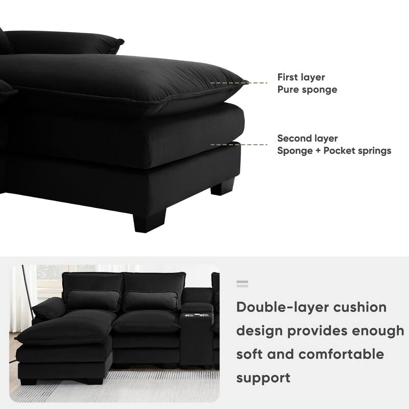 123*55" Modern U-shaped Sofa with Console,Cupholders and USB Ports, Upholstered ,Sleeper Couch Set with Chaise