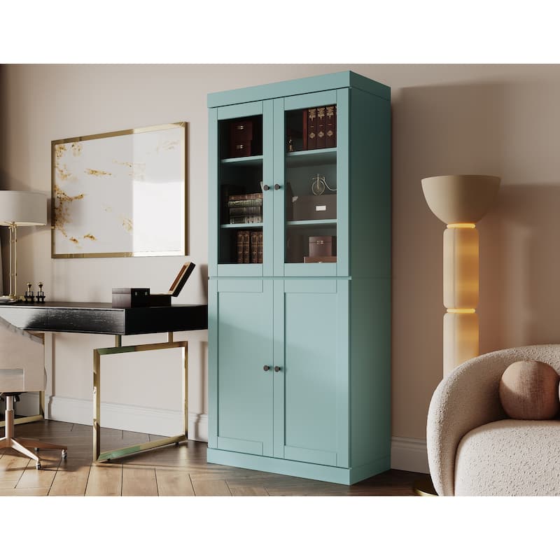 Palace Imports 100% Solid Wood 6-Shelf Bookcase with Clear Glass, Shaker Doors and Adjustable Shelves - Aqua Blue