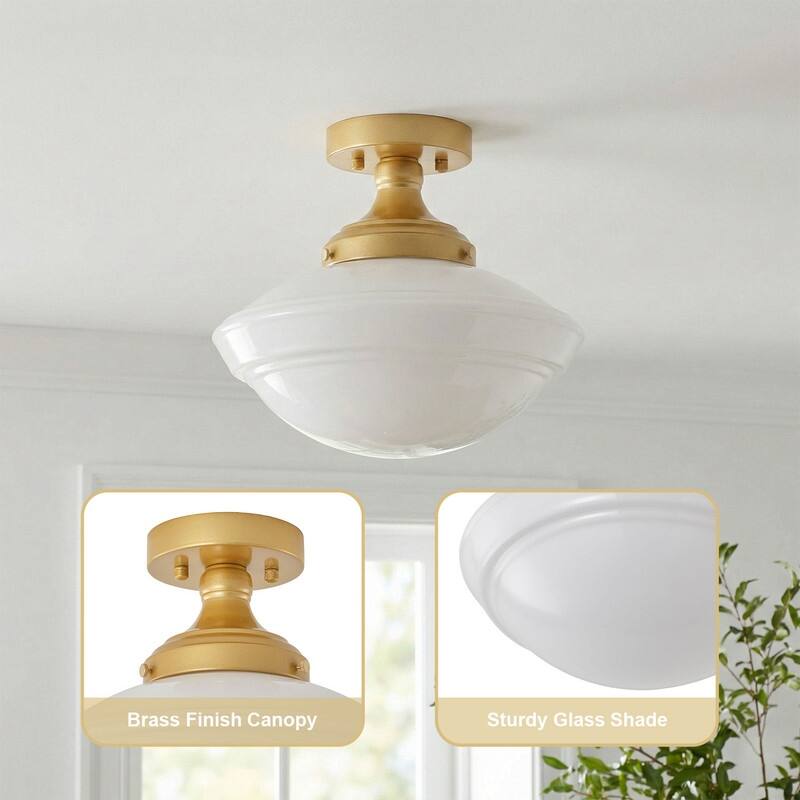 Modern Gold Flush Mount Ceiling Light with White Glass Shade Iron Fixture for Bathroom Bedroom Hallway