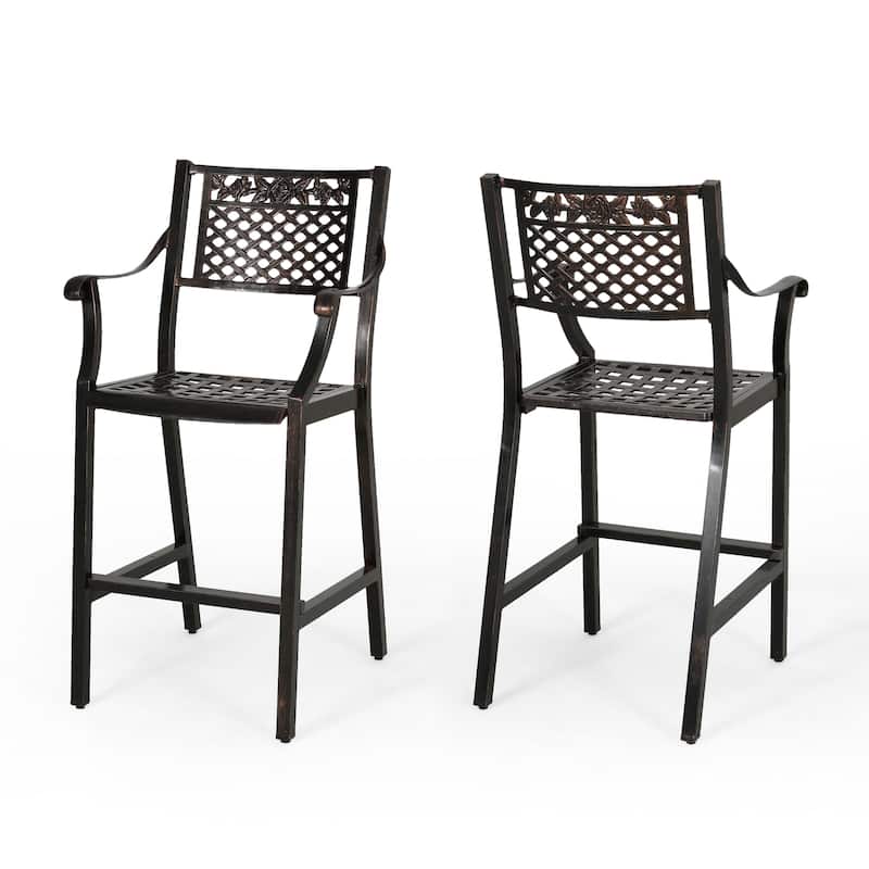 Roomfitters 2-Piece Outdoor Metal Bar Stools, Antique Bronze Cast Aluminum Patio High Dining Chairs with Floral Lattice, Black