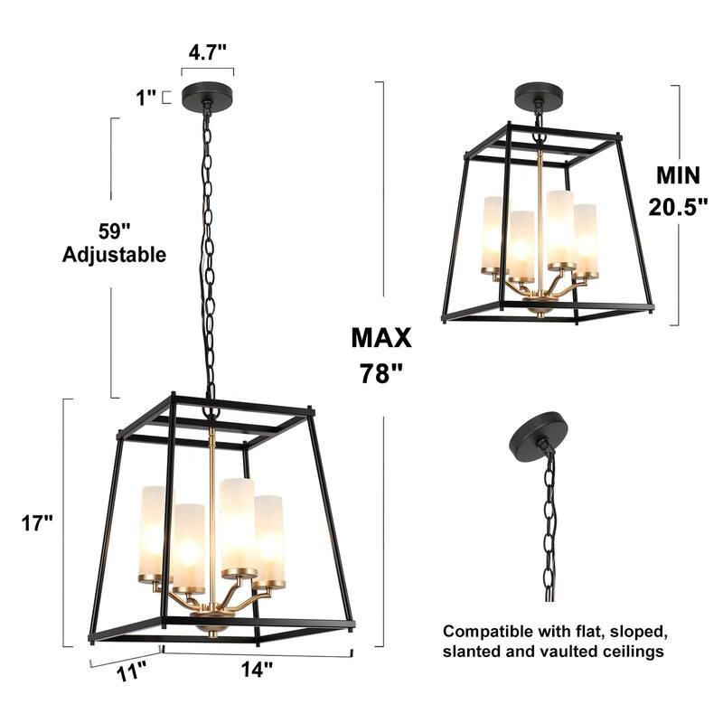 Modern 4-Light Black Gold Geometric Chandelier with Frosted Glass Shades - 14" L x 11" W x 17" H