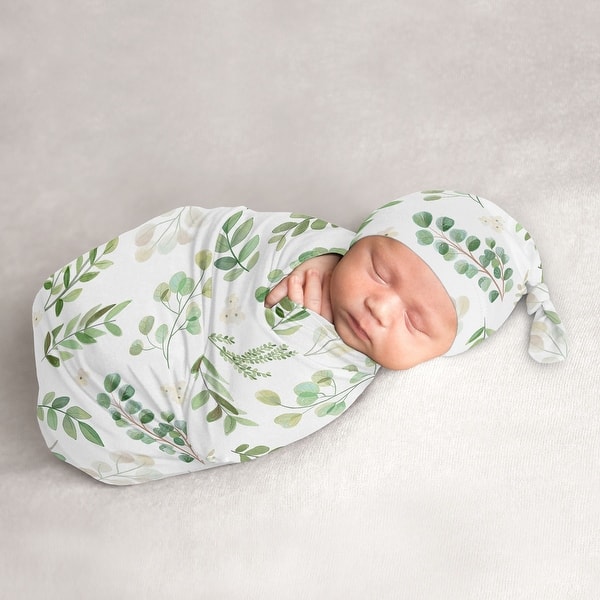 slide 2 of 6, Floral Leaf Collection Boy or Girl Baby Cocoon and Beanie Hat Sleep Sack - 2pc Set - Green Boho Botanical Flower Woodland Garden