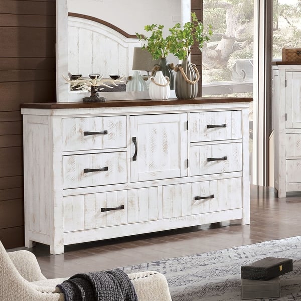 Furniture Of America Ynez Transitional Distressed White Dresser On Sale Overstock 30977986 Antique gold round mirror, white minimalist dresser, boho rope and wood shelves, indoor plants.