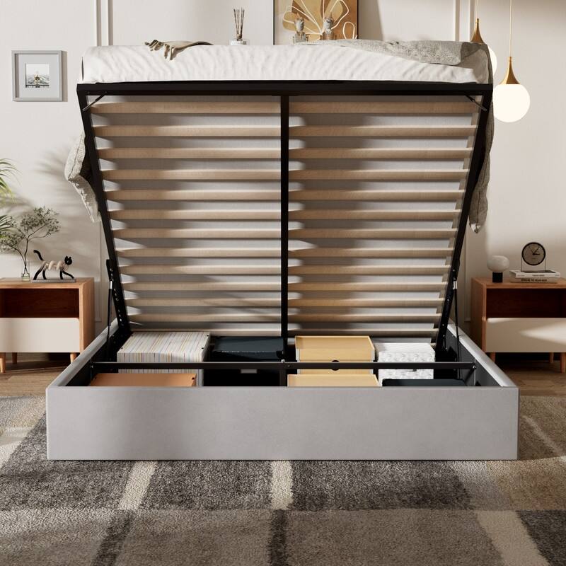 Plywood Frame Upholstered Platform Bed with Lift-up Storage Supported by Metal and Wooden Slats