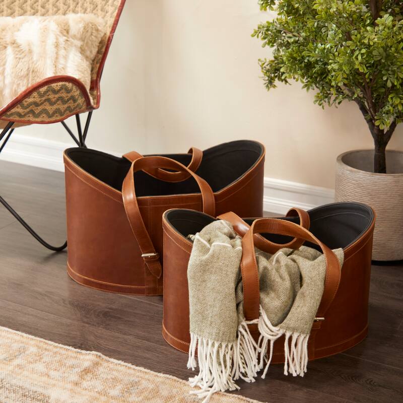 Leather Handmade Storage Basket with Handles - Set of 2 Dark Blue or Brown - Roche River Decor