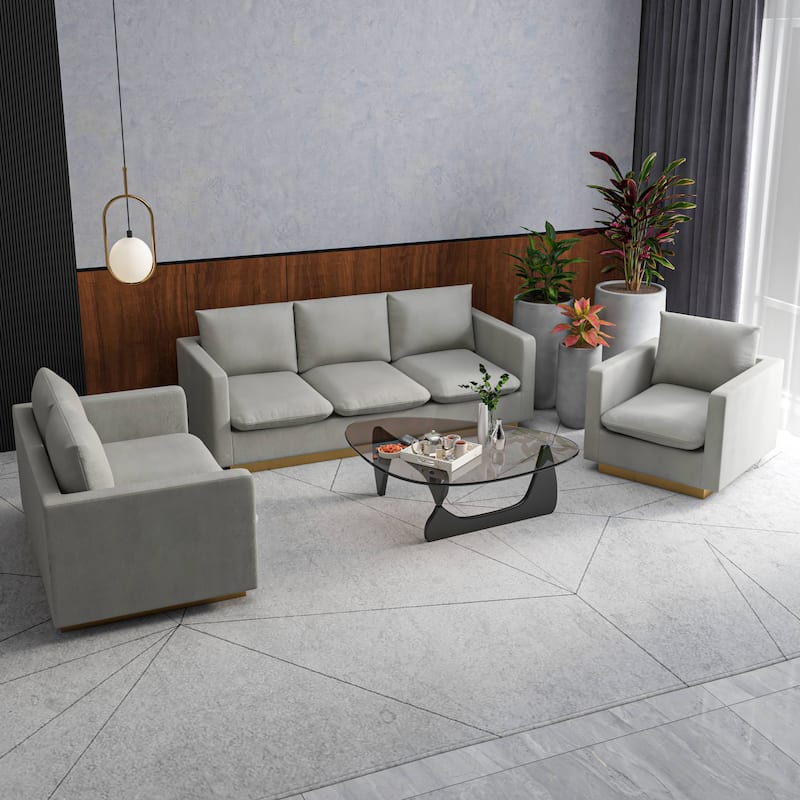 3-Piece Velvet Sofa Set with Brushed Gold Stainless Steel Base Nervo Series