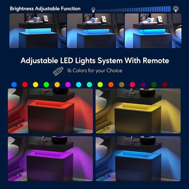 LED Nightstand with 2 Drawers for Bedroom