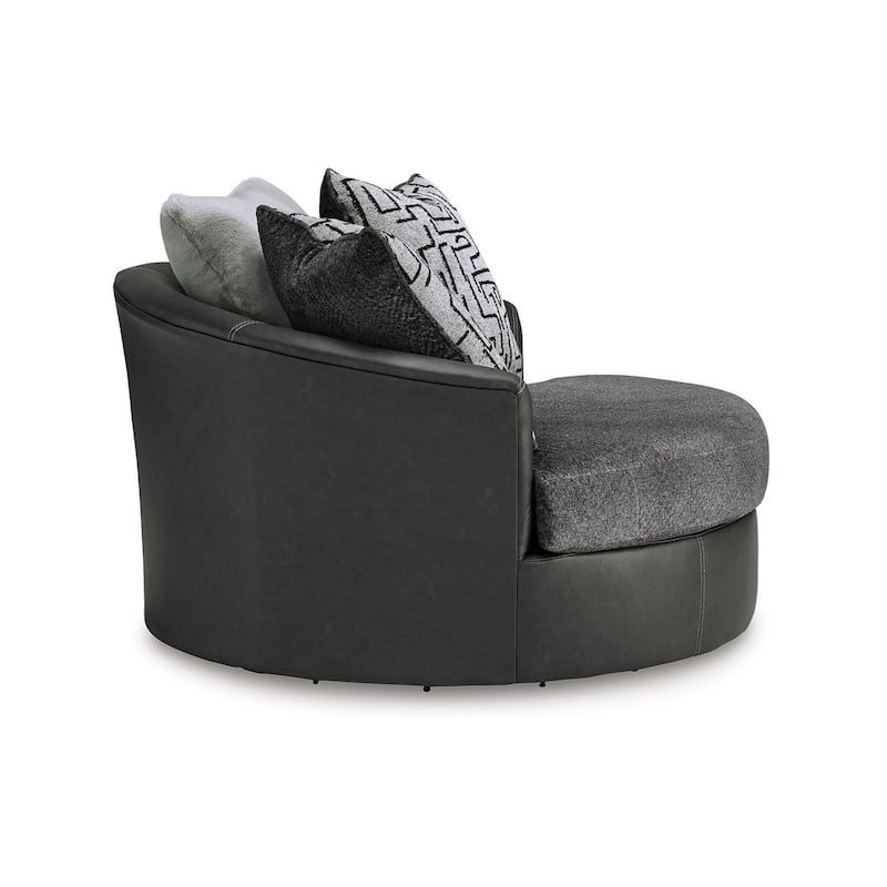 Burt Swivel Oversize Accent Chair w Pillows, Gray Fabric, Faux Leather