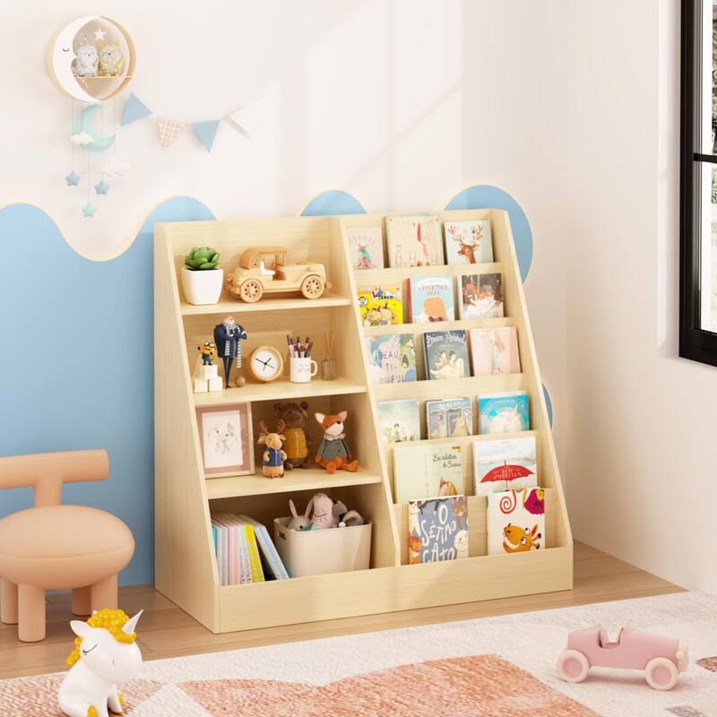 Kids Bookshelf and Toy Storage Organizer, Multifunctional 4 Tier Wooden Kids Book Shelf with Bookcase Display Stand - Natural
