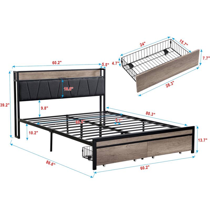 Queen Size Metal Platform Bed with Upholstered Storage Headboard, USB Charging, Footboard and Under-Bed Storage