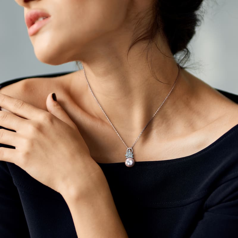 Miadora 11-12mm Cultured Freshwater Pearl 5/8ct TGW Aquamarine & Diamond Accent Flower Necklace - Sterling Silver