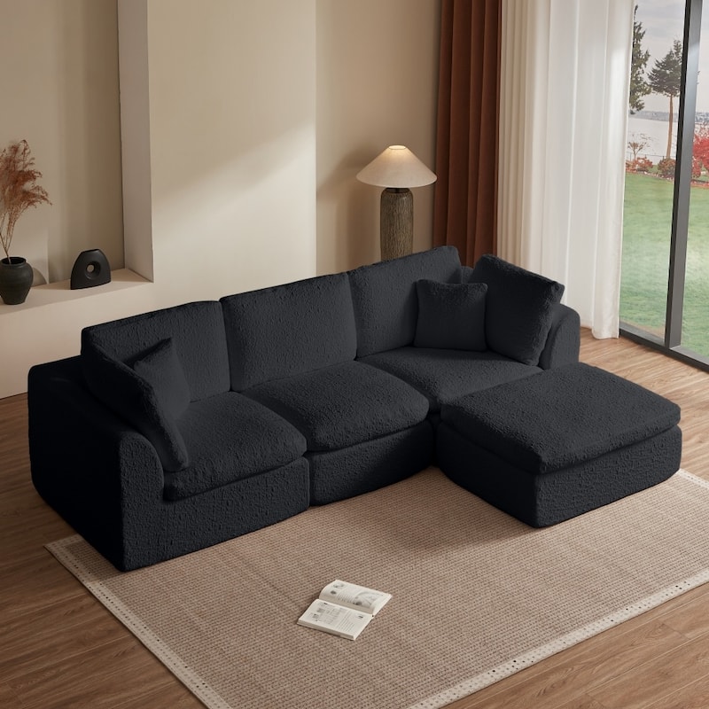 110" Convertible L-Shape 3-Seater Cloud Sectional Sofa with Ottoman - Black