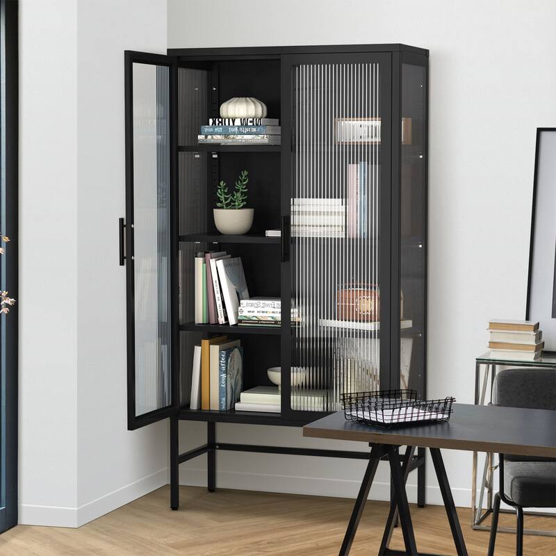 61.02"H Modern Display Sideboard Buffet with Adjustable Shelves, Anti-Tip Kit, Tempered Glass Doors - Black