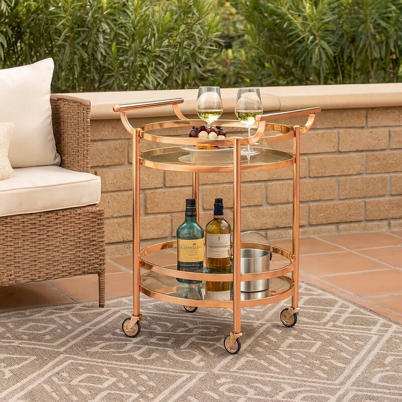 Oval Metal Serving Cart, Clear Glass & Copper